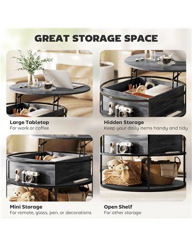 HOMCOM Lift Top Coffee Table, Round Coffee Table with Storage Shelf, Hidden Compartment and Steel Frame for Living Room, Home Of