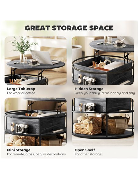 HOMCOM Lift Top Coffee Table, Round Coffee Table with Storage Shelf, Hidden Compartment and Steel Frame for Living Room, Home Of - pic 161305 | FastDaddyshop