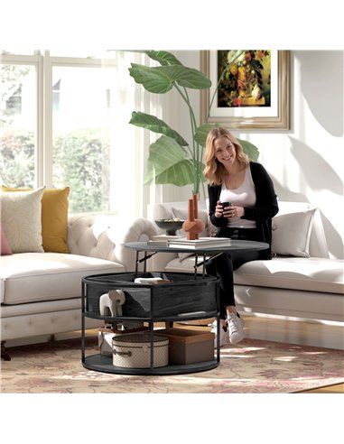 HOMCOM Lift Top Coffee Table, Round Coffee Table with Storage Shelf, Hidden Compartment and Steel Frame for Living Room, Home Of