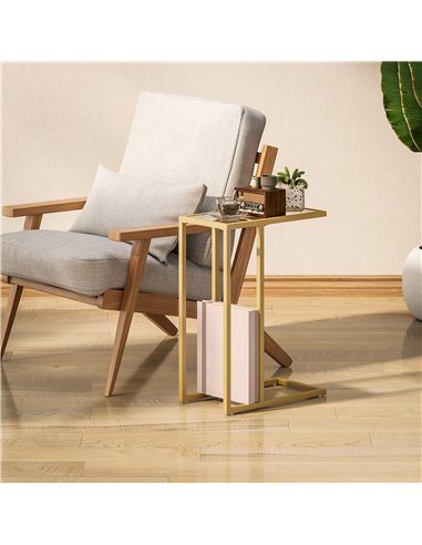 HOMCOM C-Shaped Side Table, Modern Slim End Table with Tempered Glass Tabletop, Steel Frame for Small Space, Living Room, Bedroo