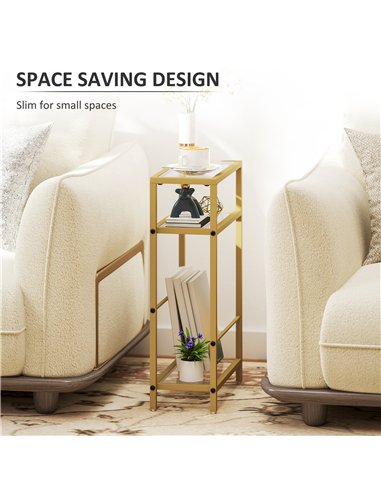 HOMCOM 3-Tier Side Table, Narrow End Table with Storage Shelf and Tempered Glass Tabletop for Small Spaces, Bedroom, Living Room