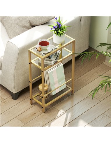 HOMCOM 3-Tier Side Table, Narrow End Table with Storage Shelf and Tempered Glass Tabletop for Small Spaces, Bedroom, Living Room
