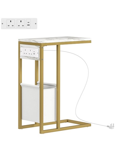 HOMCOM C Shaped Side Table with Charging Station and Faux Marble Top - White - pic 161346 | FastDaddyshop