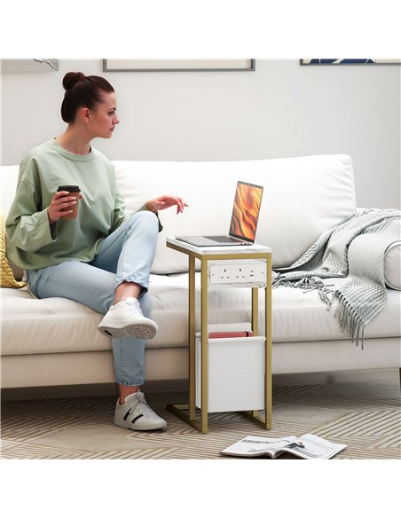HOMCOM C Shaped Side Table with Charging Station and Faux Marble Top - White - pic 161347 | FastDaddyshop