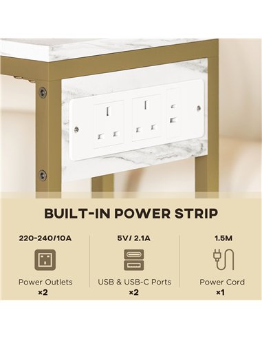 HOMCOM C Shaped Side Table with Charging Station and Faux Marble Top - White