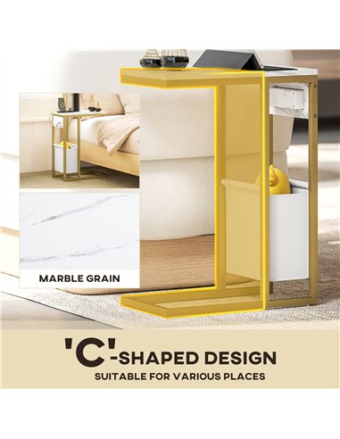 HOMCOM C Shaped Side Table with Charging Station and Faux Marble Top - White