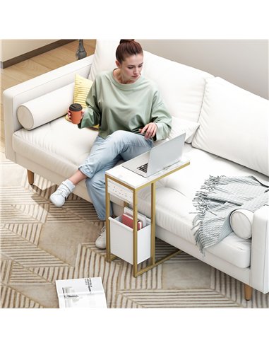 HOMCOM C Shaped Side Table with Charging Station and Faux Marble Top - White