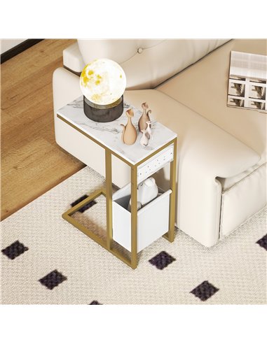 HOMCOM C Shaped Side Table with Charging Station and Faux Marble Top - White