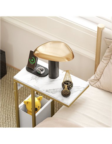 HOMCOM C Shaped Side Table with Charging Station and Faux Marble Top - White