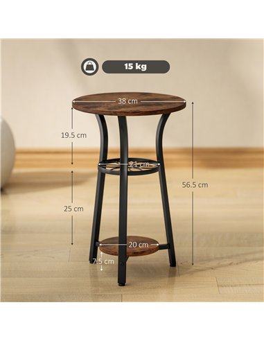 HOMCOM Small Round Side Table with 3 Storage Shelves - Rustic Brown