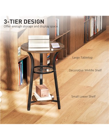 HOMCOM Small Round Side Table with 3 Storage Shelves - Rustic Brown