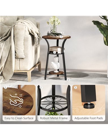 HOMCOM Small Round Side Table with 3 Storage Shelves - Rustic Brown
