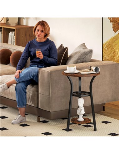HOMCOM Small Round Side Table with 3 Storage Shelves - Rustic Brown