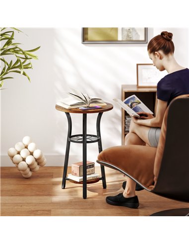 HOMCOM Small Round Side Table with 3 Storage Shelves - Rustic Brown