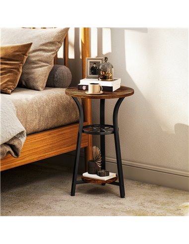 HOMCOM Small Round Side Table with 3 Storage Shelves - Rustic Brown