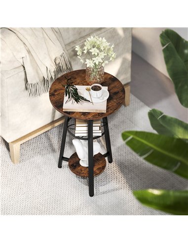 HOMCOM Small Round Side Table with 3 Storage Shelves - Rustic Brown