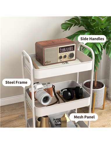 HOMCOM Three-Tier Steel Storage Trolley - White