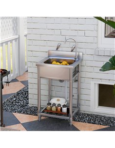 HOMCOM Outdoor Utility Sink, Stainless Steel Free Standing Single Bowl Kitchen Sink with Cold and Hot Water Pipe and Storage She 2