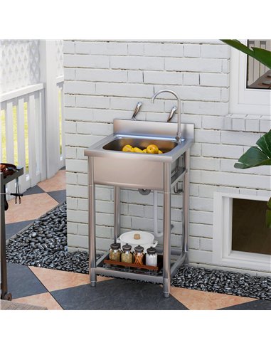 HOMCOM Outdoor Utility Sink, Stainless Steel Free Standing Single Bowl Kitchen Sink with Cold and Hot Water Pipe and Storage She