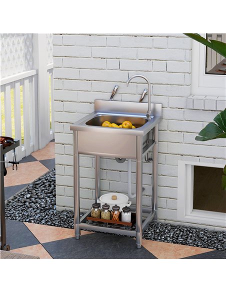HOMCOM Outdoor Utility Sink, Stainless Steel Free Standing Single Bowl Kitchen Sink with Cold and Hot Water Pipe and Storage She - pic 161401 | FastDaddyshop