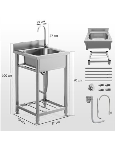 HOMCOM Outdoor Utility Sink, Stainless Steel Free Standing Single Bowl Kitchen Sink with Cold and Hot Water Pipe and Storage She