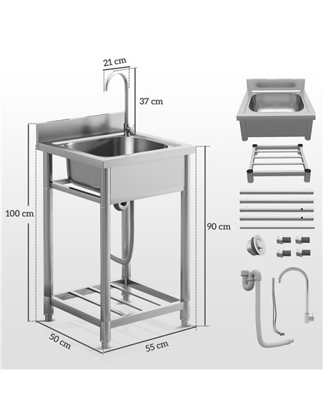 HOMCOM Outdoor Utility Sink, Stainless Steel Free Standing Single Bowl Kitchen Sink with Cold and Hot Water Pipe and Storage She - pic 161402 | FastDaddyshop