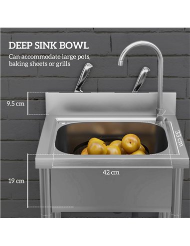 HOMCOM Outdoor Utility Sink, Stainless Steel Free Standing Single Bowl Kitchen Sink with Cold and Hot Water Pipe and Storage She