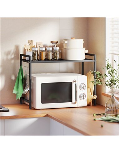 HOMCOM Expandable Microwave Oven Rack with 3 Hooks - Black
