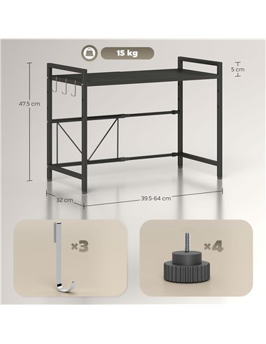 HOMCOM Expandable Microwave Oven Rack with 3 Hooks - Black