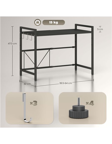 HOMCOM Expandable Microwave Oven Rack with 3 Hooks - Black - pic 161411 | FastDaddyshop
