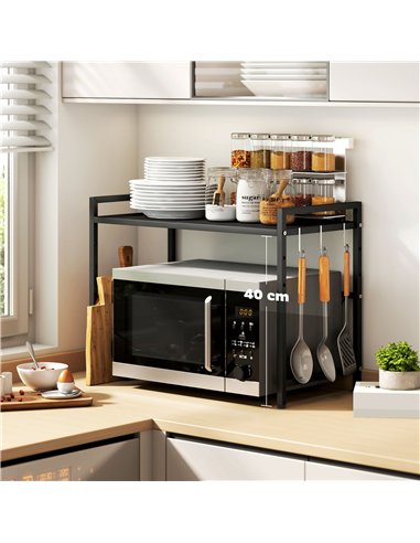 HOMCOM Expandable Microwave Oven Rack with 3 Hooks - Black