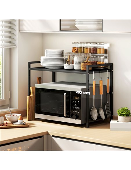 HOMCOM Expandable Microwave Oven Rack with 3 Hooks - Black - pic 161412 | FastDaddyshop