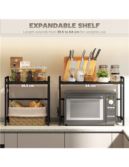 HOMCOM Expandable Microwave Oven Rack with 3 Hooks - Black - pic 161413 | FastDaddyshop
