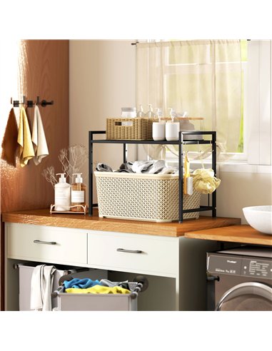 HOMCOM Expandable Microwave Oven Rack with 3 Hooks - Black