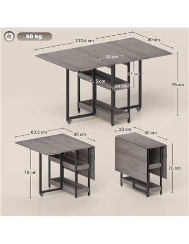HOMCOM Industrial Folding Dining Table, Drop Leaf Table with Open Compartments for Small Spaces, Kitchen, Dining Room, Grey