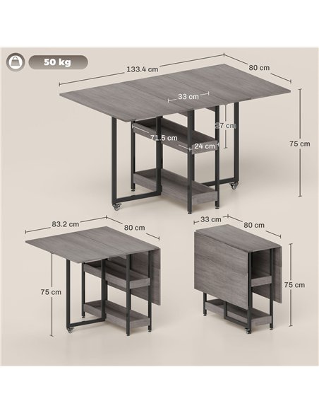HOMCOM Industrial Folding Dining Table, Drop Leaf Table with Open Compartments for Small Spaces, Kitchen, Dining Room, Grey - pic 161456 | FastDaddyshop