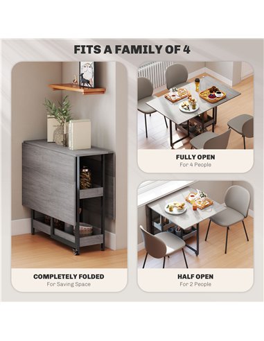 HOMCOM Industrial Folding Dining Table, Drop Leaf Table with Open Compartments for Small Spaces, Kitchen, Dining Room, Grey