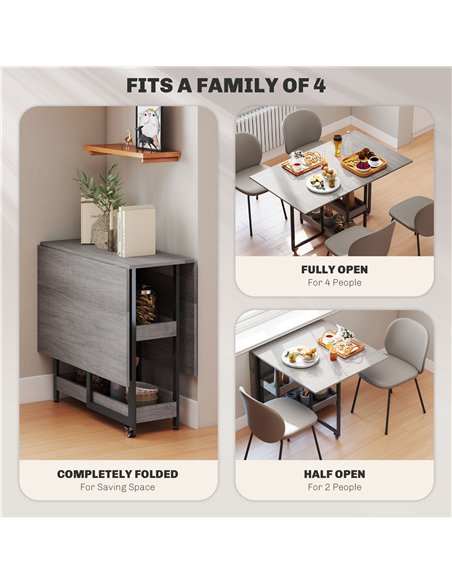 HOMCOM Industrial Folding Dining Table, Drop Leaf Table with Open Compartments for Small Spaces, Kitchen, Dining Room, Grey - pic 161457 | FastDaddyshop
