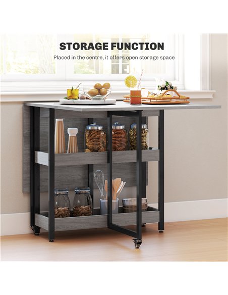 HOMCOM Industrial Folding Dining Table, Drop Leaf Table with Open Compartments for Small Spaces, Kitchen, Dining Room, Grey - pic 161458 | FastDaddyshop