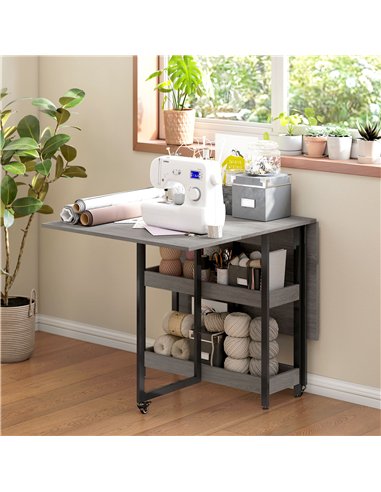 HOMCOM Industrial Folding Dining Table, Drop Leaf Table with Open Compartments for Small Spaces, Kitchen, Dining Room, Grey