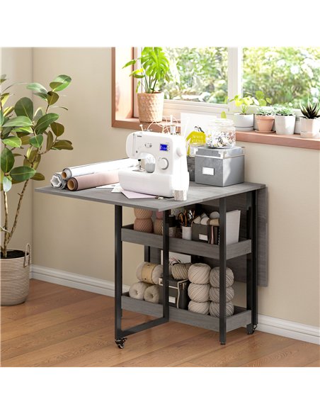 HOMCOM Industrial Folding Dining Table, Drop Leaf Table with Open Compartments for Small Spaces, Kitchen, Dining Room, Grey - pic 161461 | FastDaddyshop