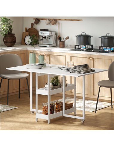 HOMCOM Industrial Folding Dining Table, Drop Leaf Table with Open Compartments for Small Spaces, Kitchen, Dining Room, White