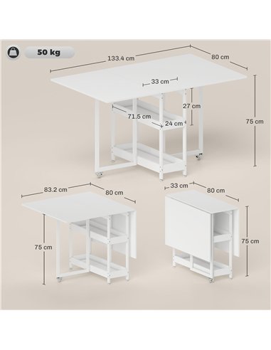 HOMCOM Industrial Folding Dining Table, Drop Leaf Table with Open Compartments for Small Spaces, Kitchen, Dining Room, White