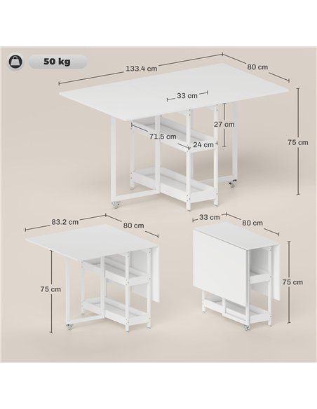 HOMCOM Industrial Folding Dining Table, Drop Leaf Table with Open Compartments for Small Spaces, Kitchen, Dining Room, White - pic 161465 | FastDaddyshop