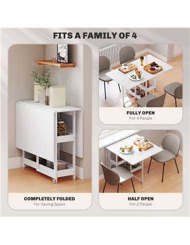 HOMCOM Industrial Folding Dining Table, Drop Leaf Table with Open Compartments for Small Spaces, Kitchen, Dining Room, White