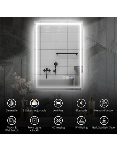 HOMCOM 50 x 70 cm Anti-Fog LED Bathroom Mirror, with Bluetooth - Silver Tone