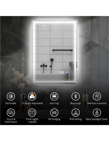 HOMCOM 50 x 70 cm Anti-Fog LED Bathroom Mirror, with Bluetooth - Silver Tone - pic 161475 | FastDaddyshop