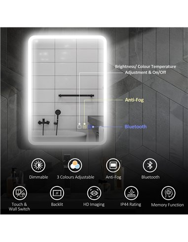 HOMCOM 50 x 70 cm Backlit Illuminated Bathroom Mirror with LED Lights and Bluetooth - Silver Tone