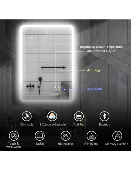 HOMCOM 50 x 70 cm Backlit Illuminated Bathroom Mirror with LED Lights and Bluetooth - Silver Tone - pic 161493 | FastDaddyshop