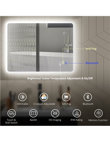 HOMCOM 60 x 80 cm Backlit Illuminated Bathroom Mirror with LED Lights and Bluetooth - Silver Tone